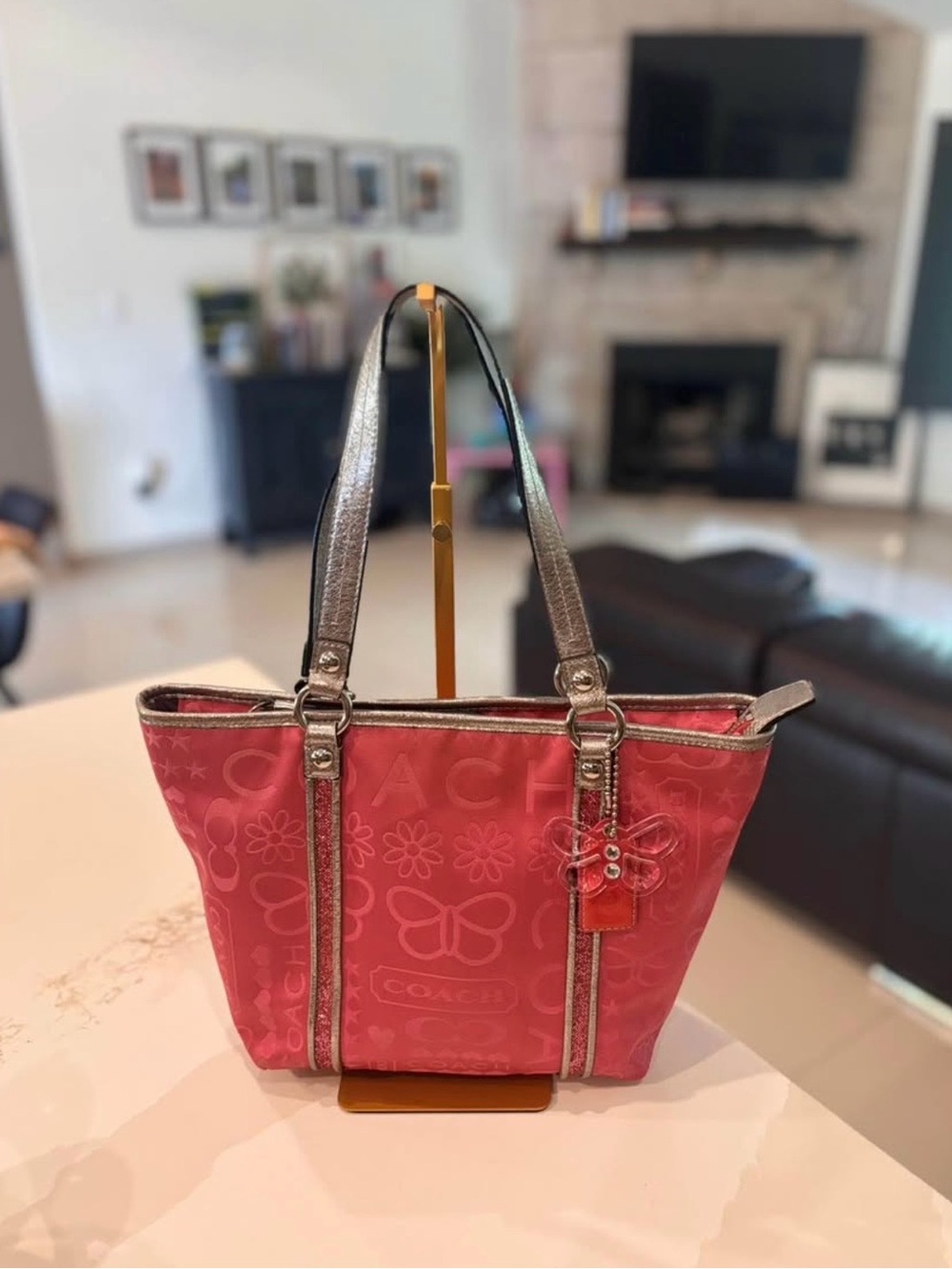Coach Pink Signature Butterfly Tote with Metallic Silver Trim
